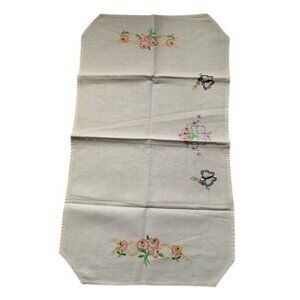Vintage Embroidered Table Runner With Flowers & Butterflies 16"x28" Rectangular